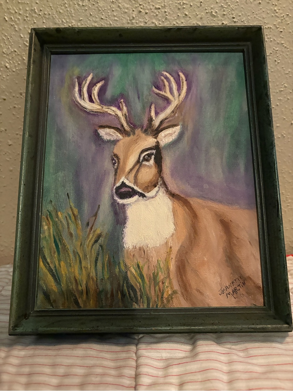 Framed Original Oil  Deer Portrait Wall Art in Green, Purple and Brown